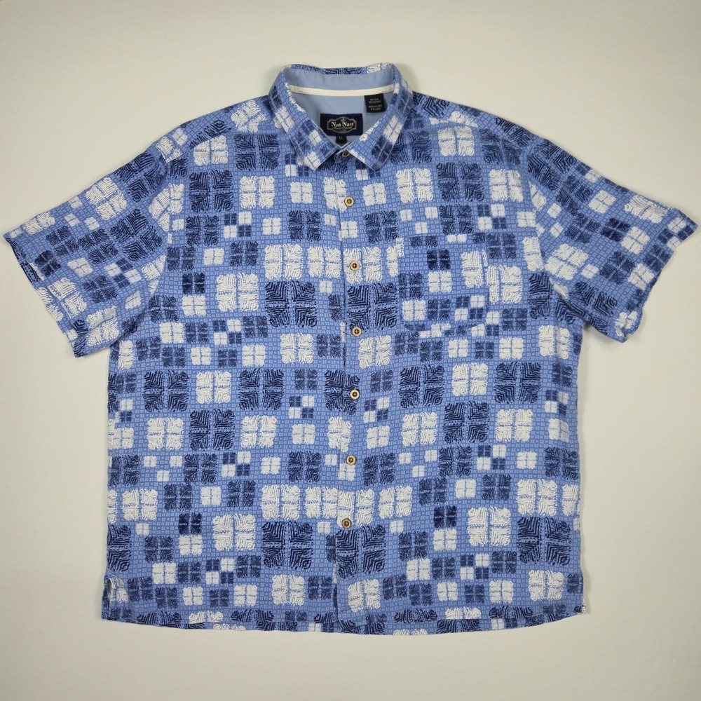 Nat Nast Men XL Silk Cotton Button Down Shirt Blue Geometric Short Sleeve Luxury